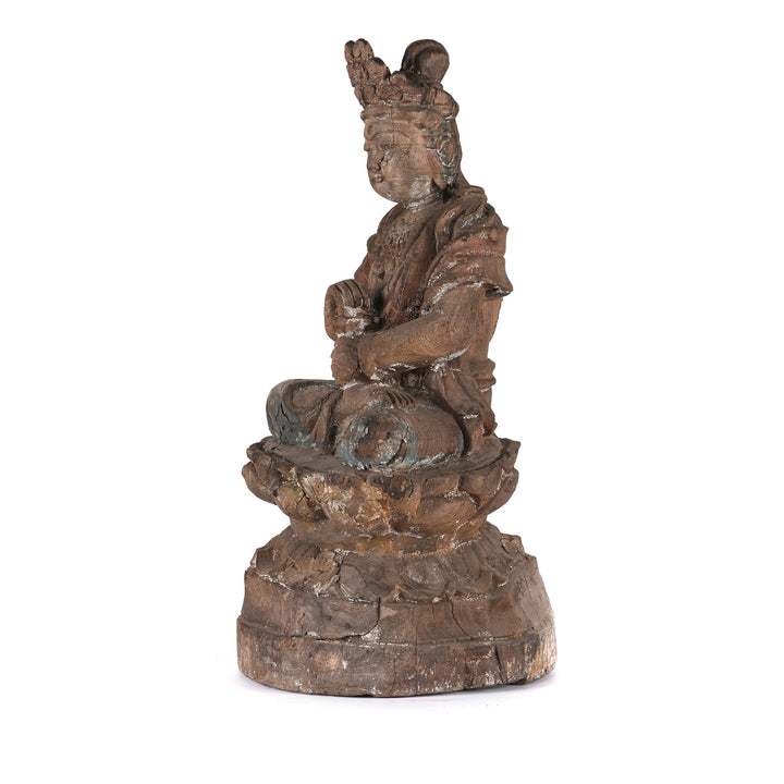 Side Detail of Chinese Painted Wood Seated Guanyin Statue | Indigo Antiques