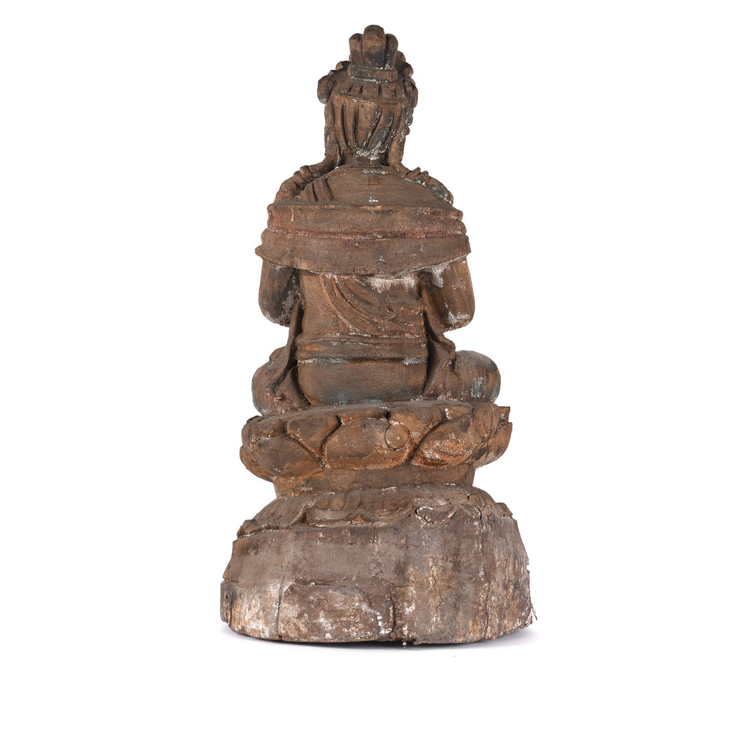 Back Detail of Chinese Painted Wood Seated Guanyin Statue | Indigo Antiques