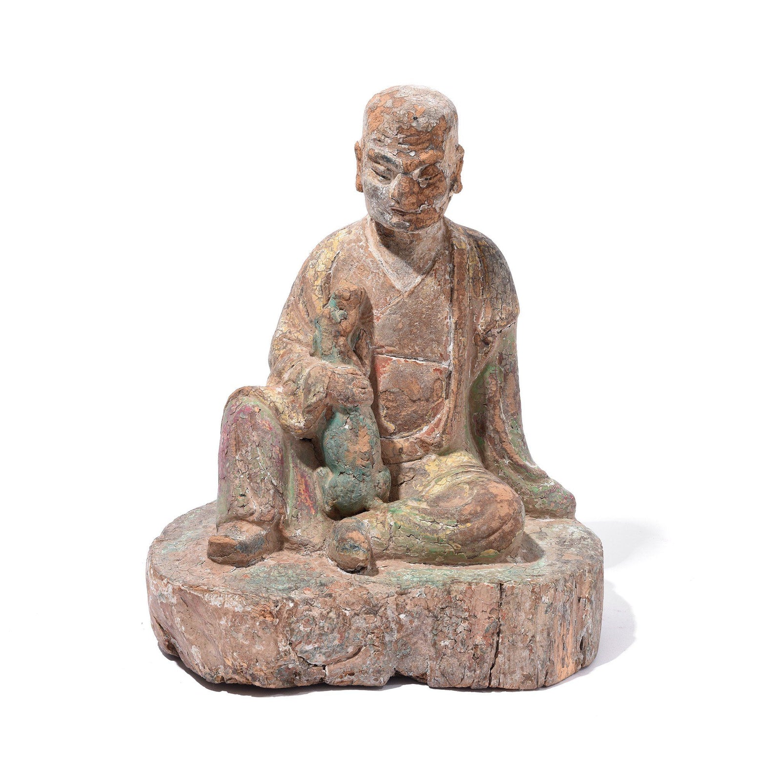 Chinese Polychrome Wood Figure of a Lohan (Monk) - 18thC | Indigo Antiques