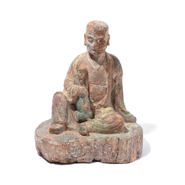 Chinese Polychrome Wood Figure of a Lohan (Monk) - 18thC