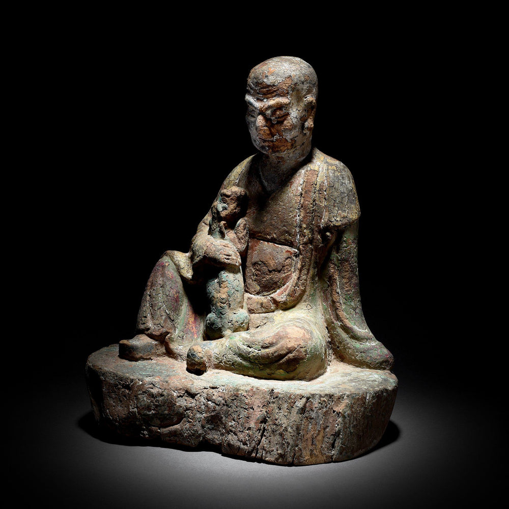 Chinese Polychrome Wood Figure of a Lohan (Monk) - 18thC | Indigo Antiques