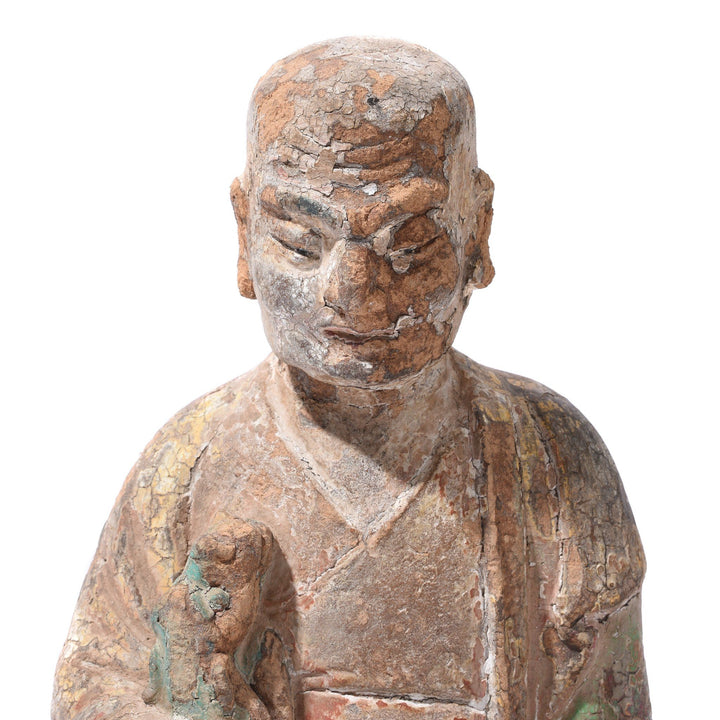 Facial Detail Of Chinese Polychrome Wood Figure of a Lohan (Monk) - 18thC | Indigo Antiques