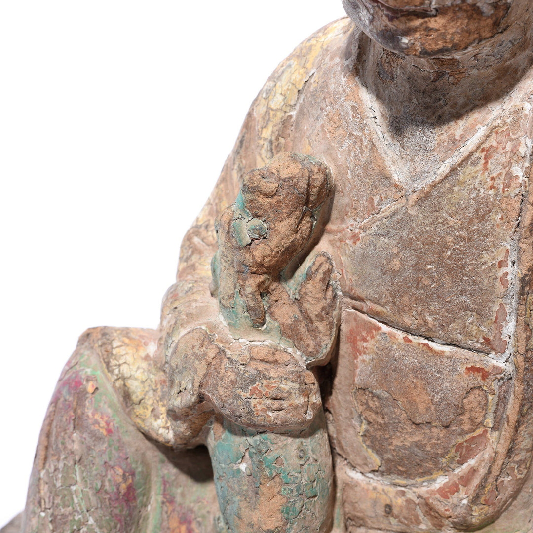 Creature Detail From Chinese Polychrome Wood Figure of a Lohan (Monk) - 18thC | Indigo Antiques