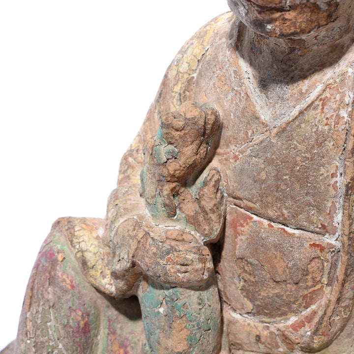 Creature Detail From Chinese Polychrome Wood Figure of a Lohan (Monk) - 18thC | Indigo Antiques