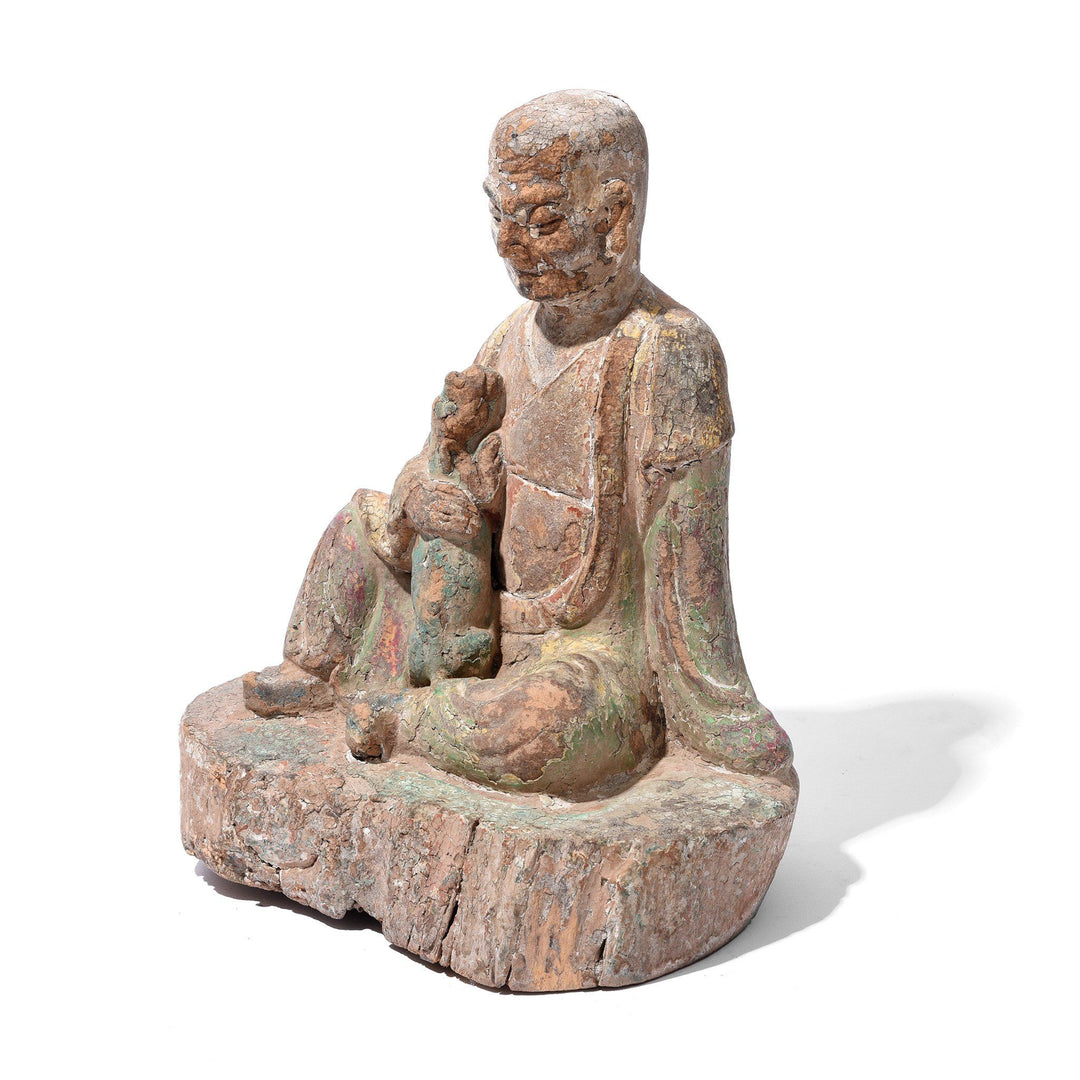 Angle View Of Chinese Polychrome Wood Figure of a Lohan (Monk) - 18thC | Indigo Antiques