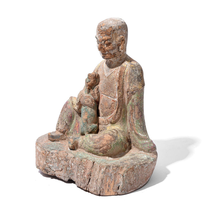 Angle View Of Chinese Polychrome Wood Figure of a Lohan (Monk) - 18thC | Indigo Antiques