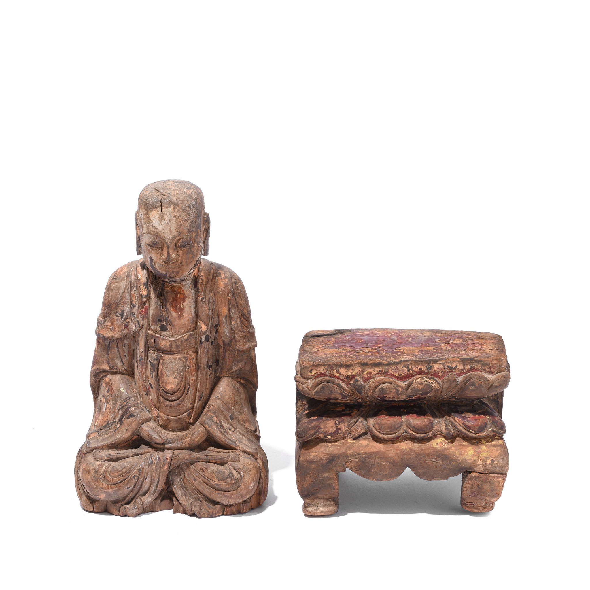 Chinese Polychrome Wood Figure of Buddha  Separated From Stand- 17thC | Indigo Antiques