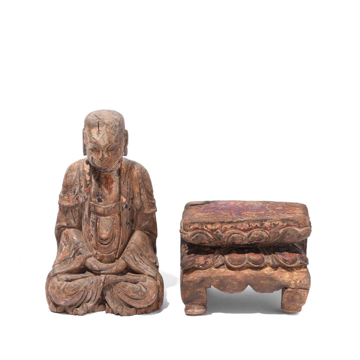Chinese Polychrome Wood Figure of Buddha  Separated From Stand- 17thC | Indigo Antiques