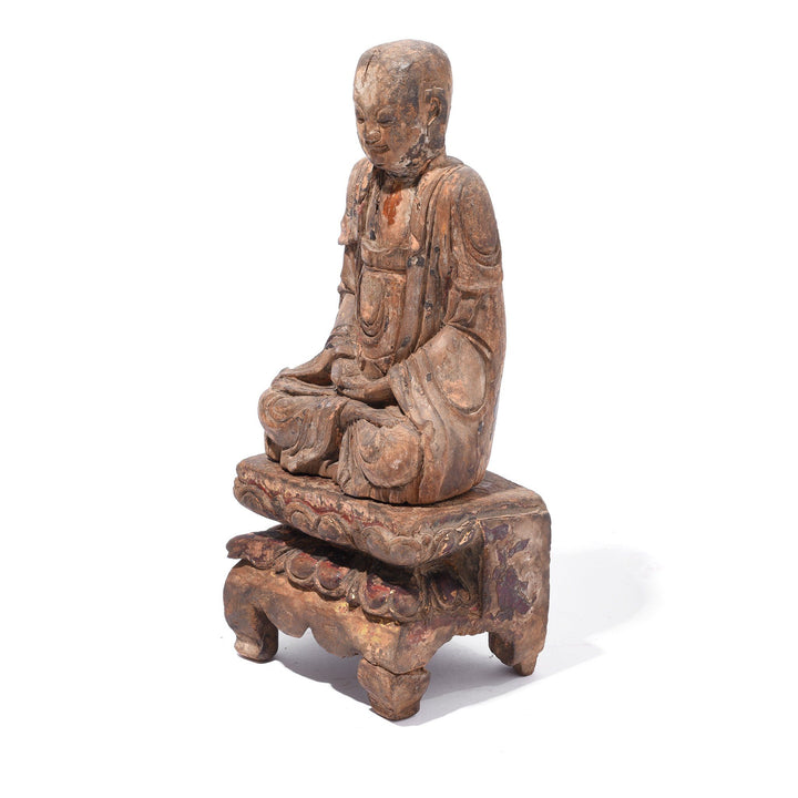 Angle View Of Chinese Polychrome Wood Figure of Buddha - 17thC | Indigo Antiques