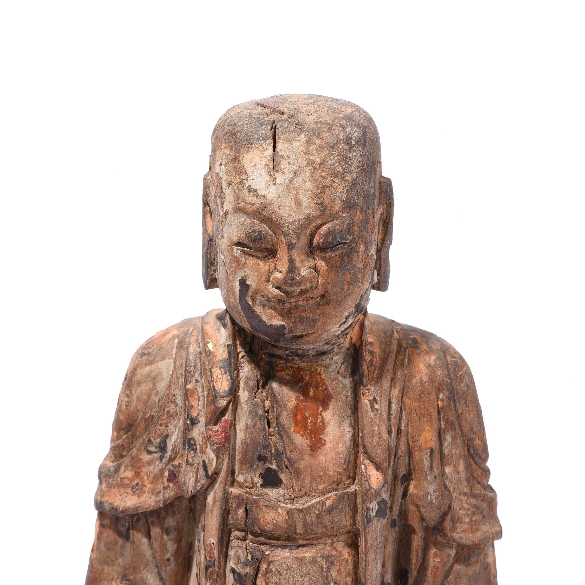 Facial Detail of Chinese Polychrome Wood Figure of Buddha - 17thC | Indigo Antiques