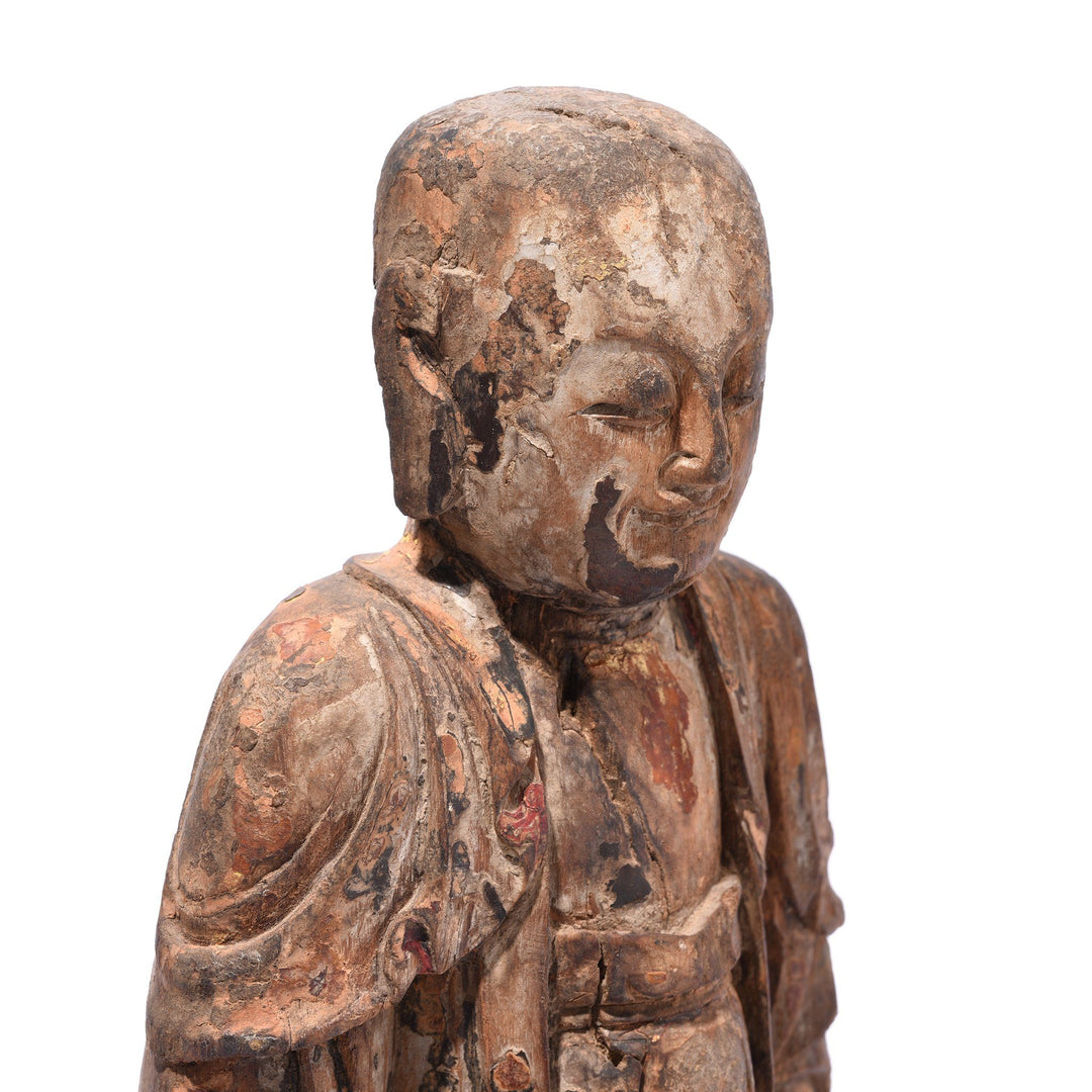 Profile Detail of Chinese Polychrome Wood Figure of Buddha - 17thC | Indigo Antiques
