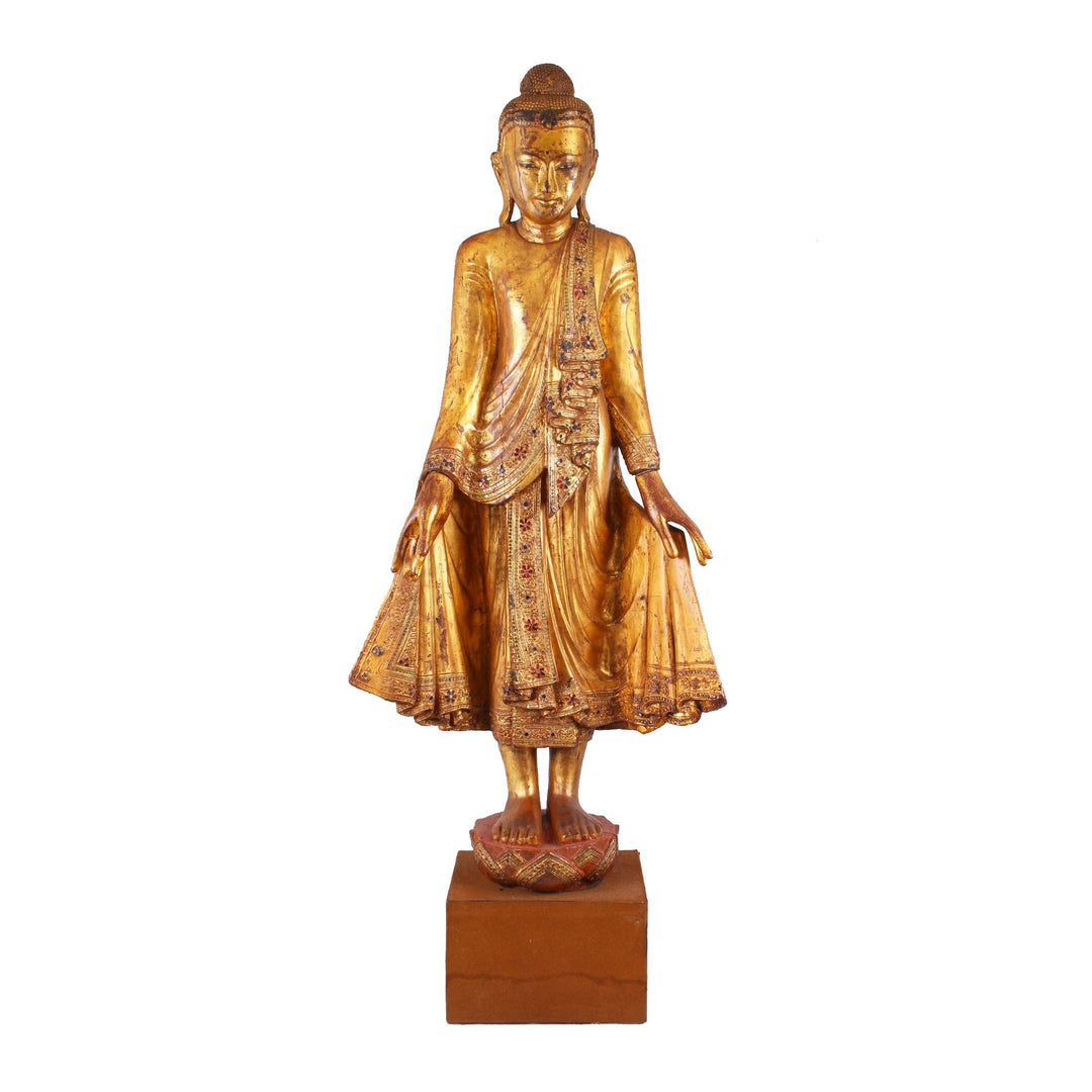 Gilded Teak Burmese Standing Buddha  from Mandalay - Early 20thC - 19 x 16 x 68 cm tall - M316