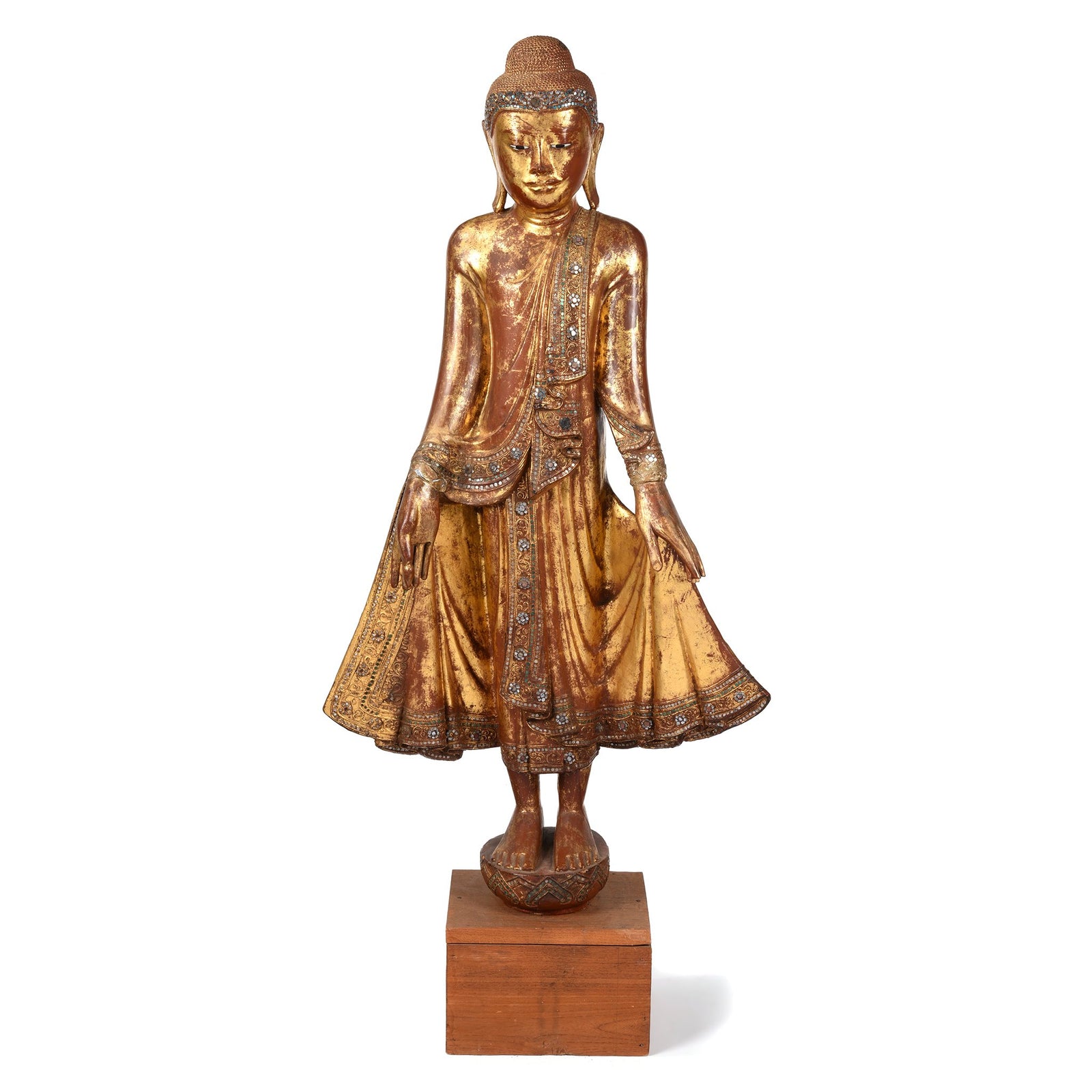 Gilded Teak Burmese Standing Buddha  from Mandalay - Early 20thC - 56 x 18 x 124 cm (WxDxH cms) - M400