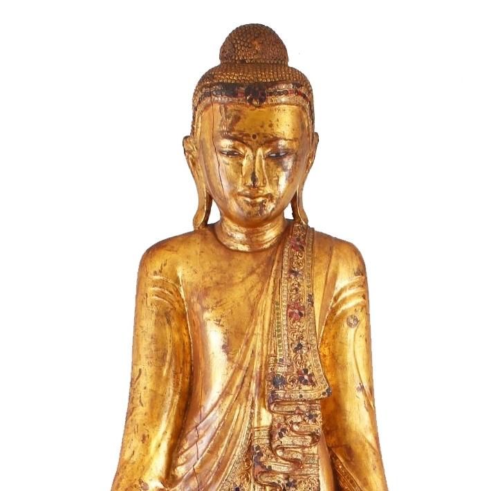 Gilded Teak Burmese Standing Buddha  from Mandalay - Early 20thC - 19 x 16 x 68 cm tall - M316