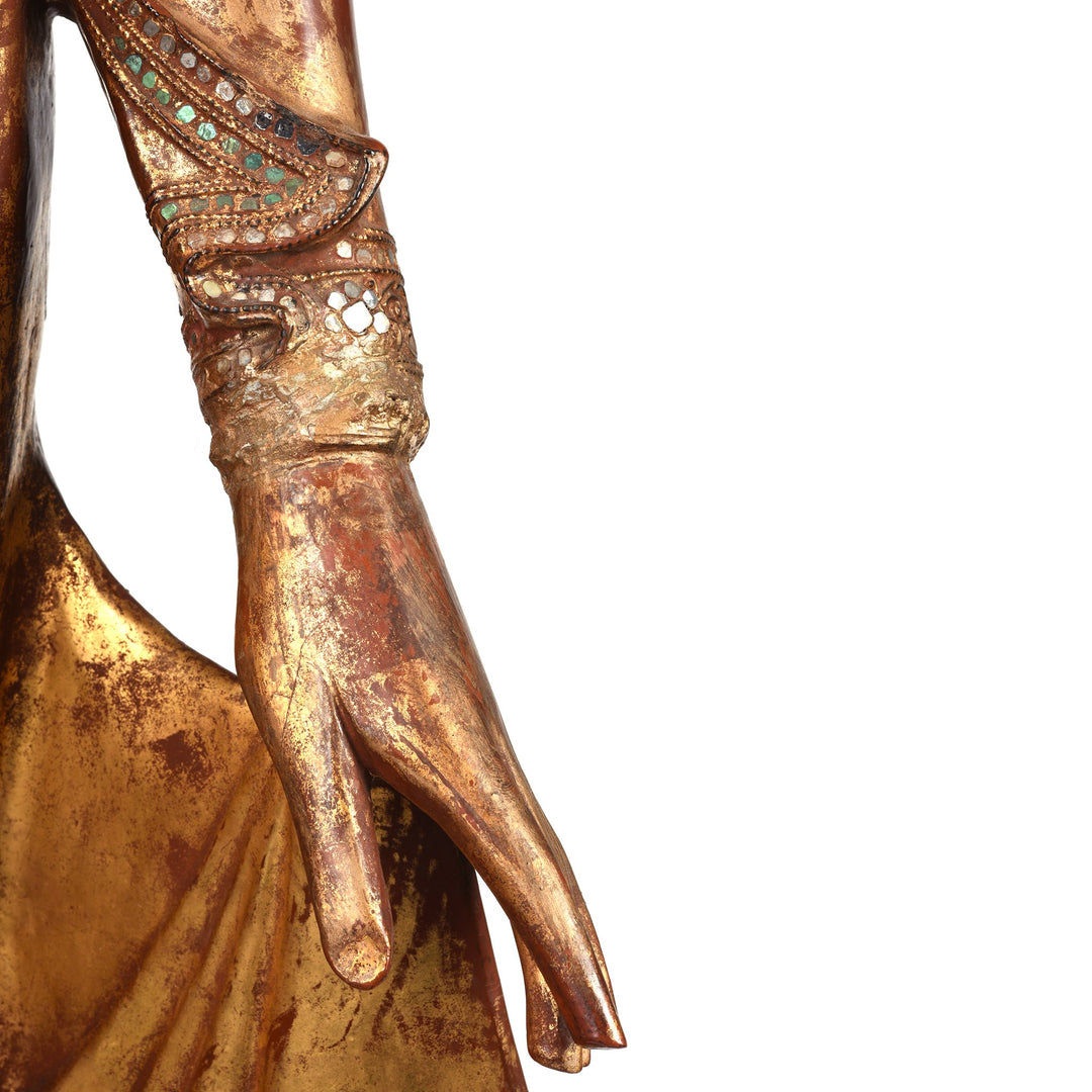 Gilded Teak Burmese Standing Buddha  from Mandalay - Early 20thC - 56 x 18 x 124 cm (WxDxH cms) - M400