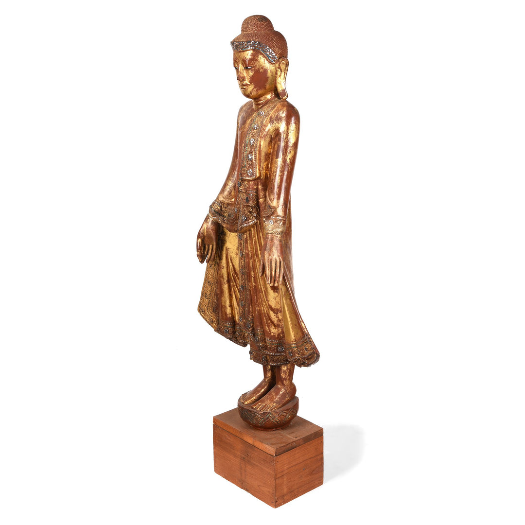 Gilded Teak Burmese Standing Buddha  from Mandalay - Early 20thC - 56 x 18 x 124 cm (WxDxH cms) - M400