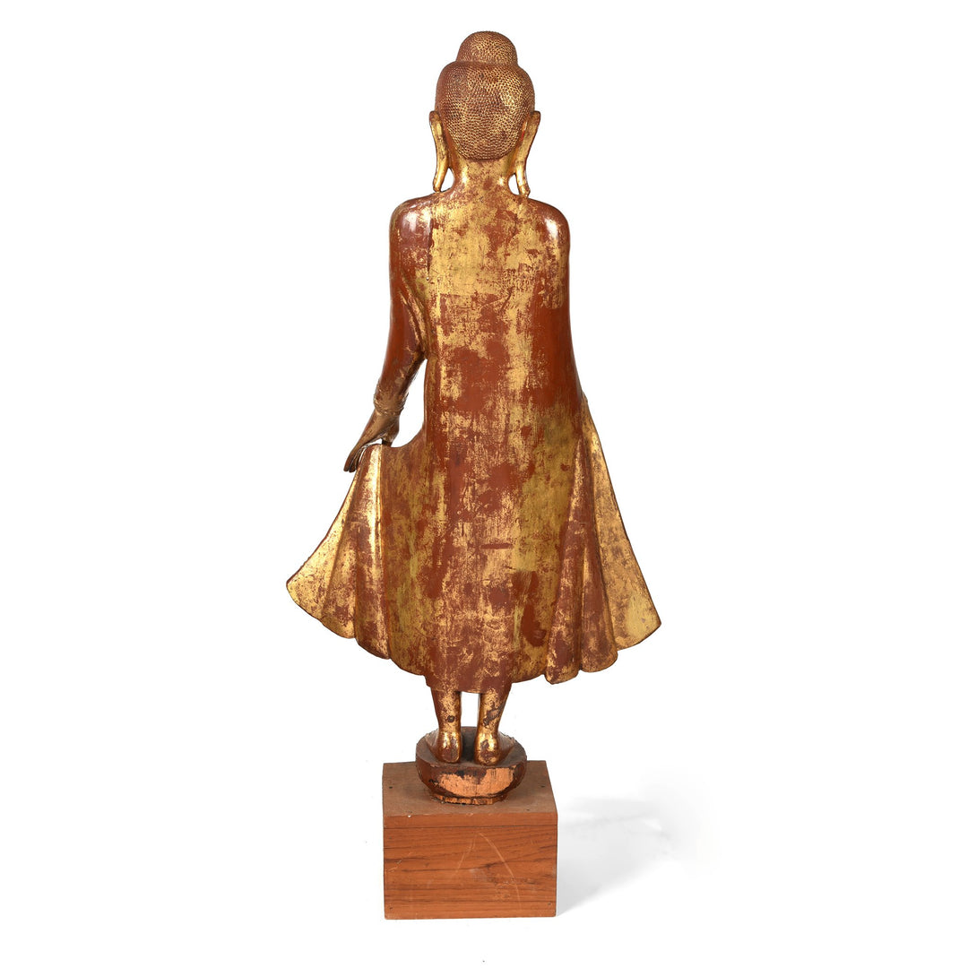 Gilded Teak Burmese Standing Buddha  from Mandalay - Early 20thC - 56 x 18 x 124 cm (WxDxH cms) - M400