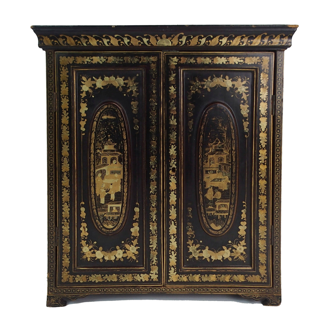 Gilt Black Lacquer Chinoiserie Jewellery Cabinet - Early 19thC - 42 x 20  x 48  (wxdxh cms) - M314