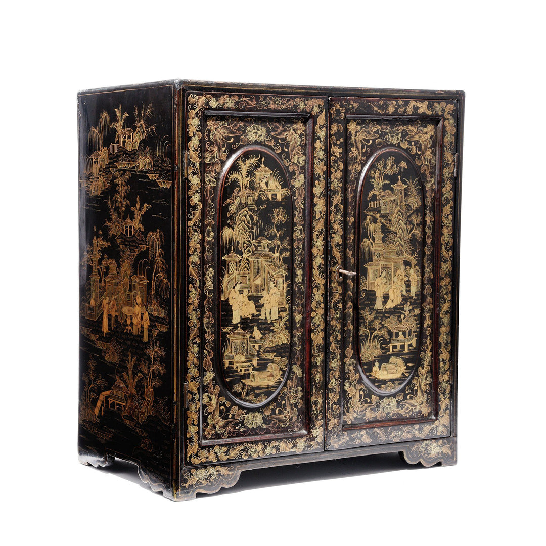 Chinese Export Gilt Black Lacquer Jewellery Table Cabinet - Early 19thC | Indigo Antiques