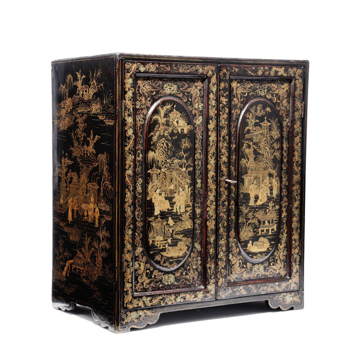 Chinese Export Gilt Black Lacquer Jewellery Table Cabinet - Early 19thC | Indigo Antiques