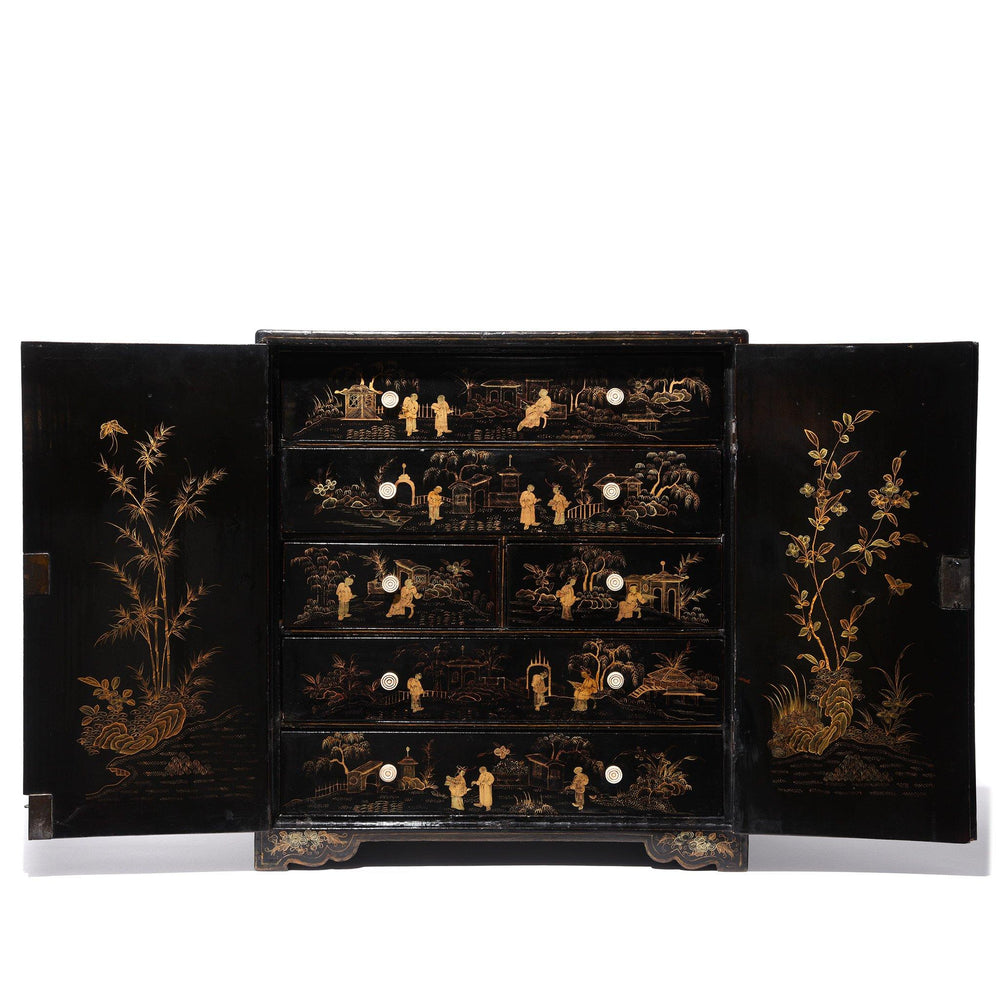 Open Detail of a Chinese Export Gilt Black Lacquer Jewellery Table Cabinet - Early 19thC | Indigo Antiques
