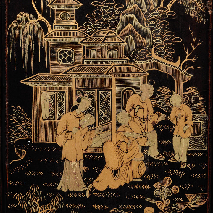 Painting Detail from a Chinese Export Gilt Black Lacquer Jewellery Table Cabinet - Early 19thC | Indigo Antiques
