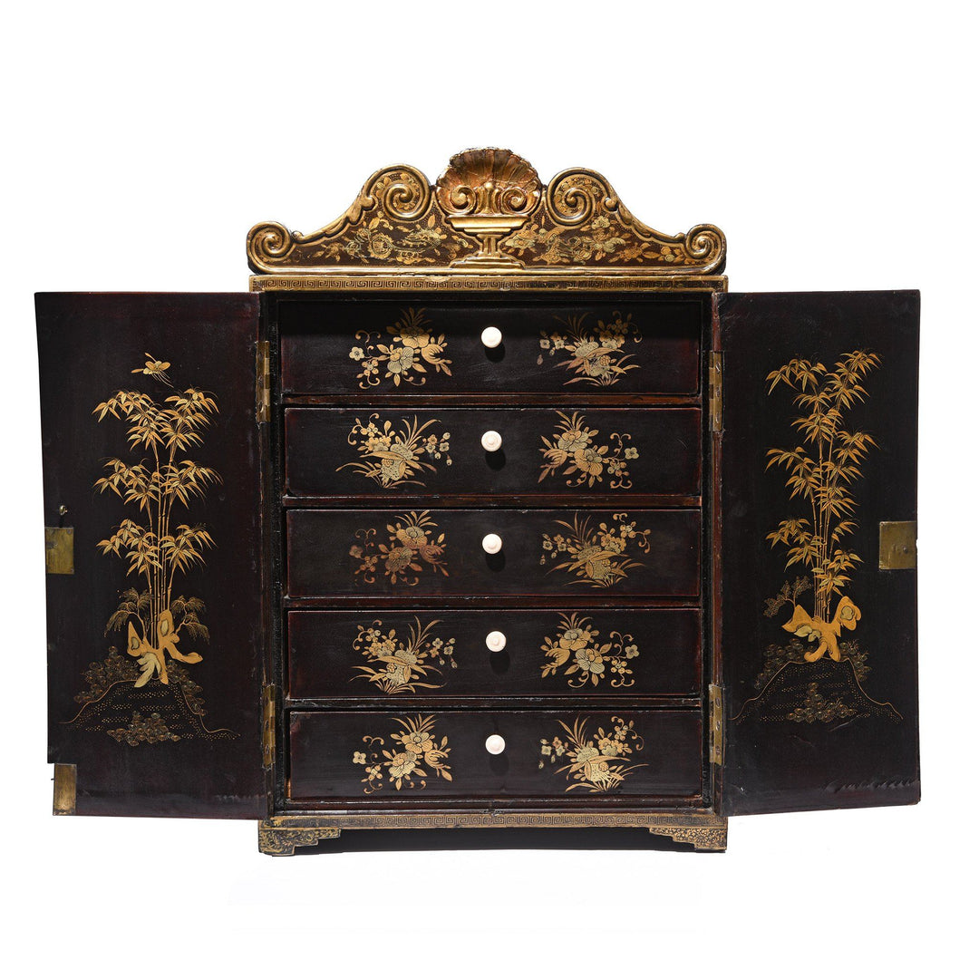 Gilt Black Lacquer Chinoiserie Jewellery Cabinet - Early 19thC | Indigo Antiques
