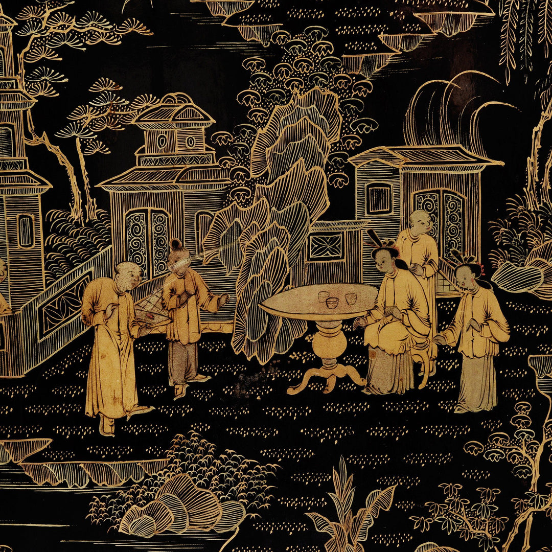 Painting detail from a Chinese Export Gilt Black Lacquer Jewellery Table Cabinet - Early 19thC | Indigo Antiques