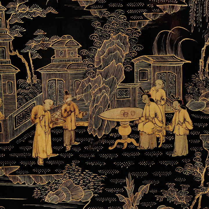 Painting detail from a Chinese Export Gilt Black Lacquer Jewellery Table Cabinet - Early 19thC | Indigo Antiques