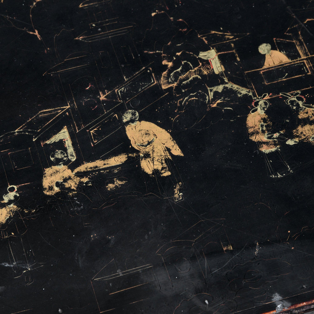 Top Detail from aChinese Export Gilt Black Lacquer Jewellery Table Cabinet - Early 19thC | Indigo Antiques