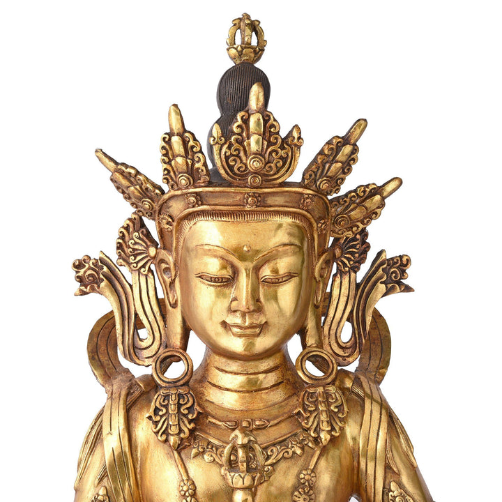 Frontal Facial Detail Of A Gilt Bronze Statue of The Bodhisattva Vajrasattva | Indigo Antiques