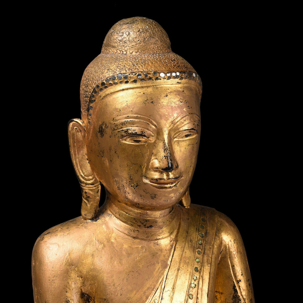 Face Detail Of Gilt Burmese Sitting Buddha - 19thC | Indigo Antiques
