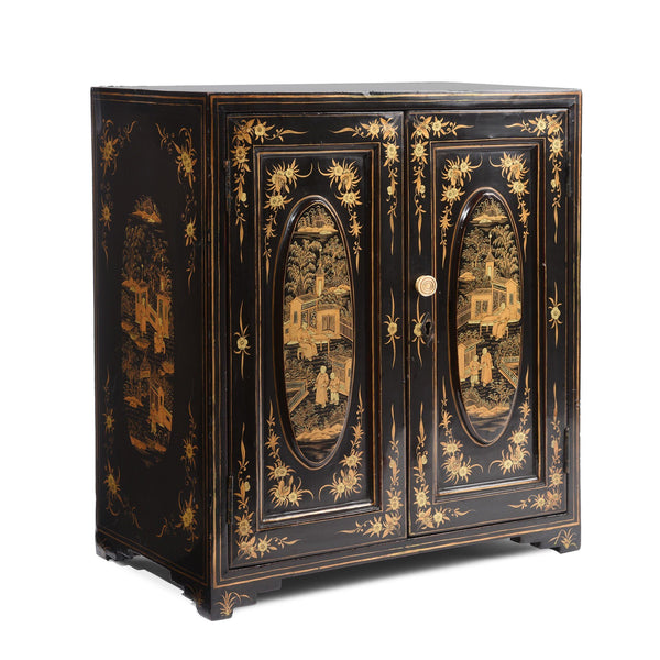 Gilt Chinese Black Lacquer Jewellery Cabinet - Early 19thC