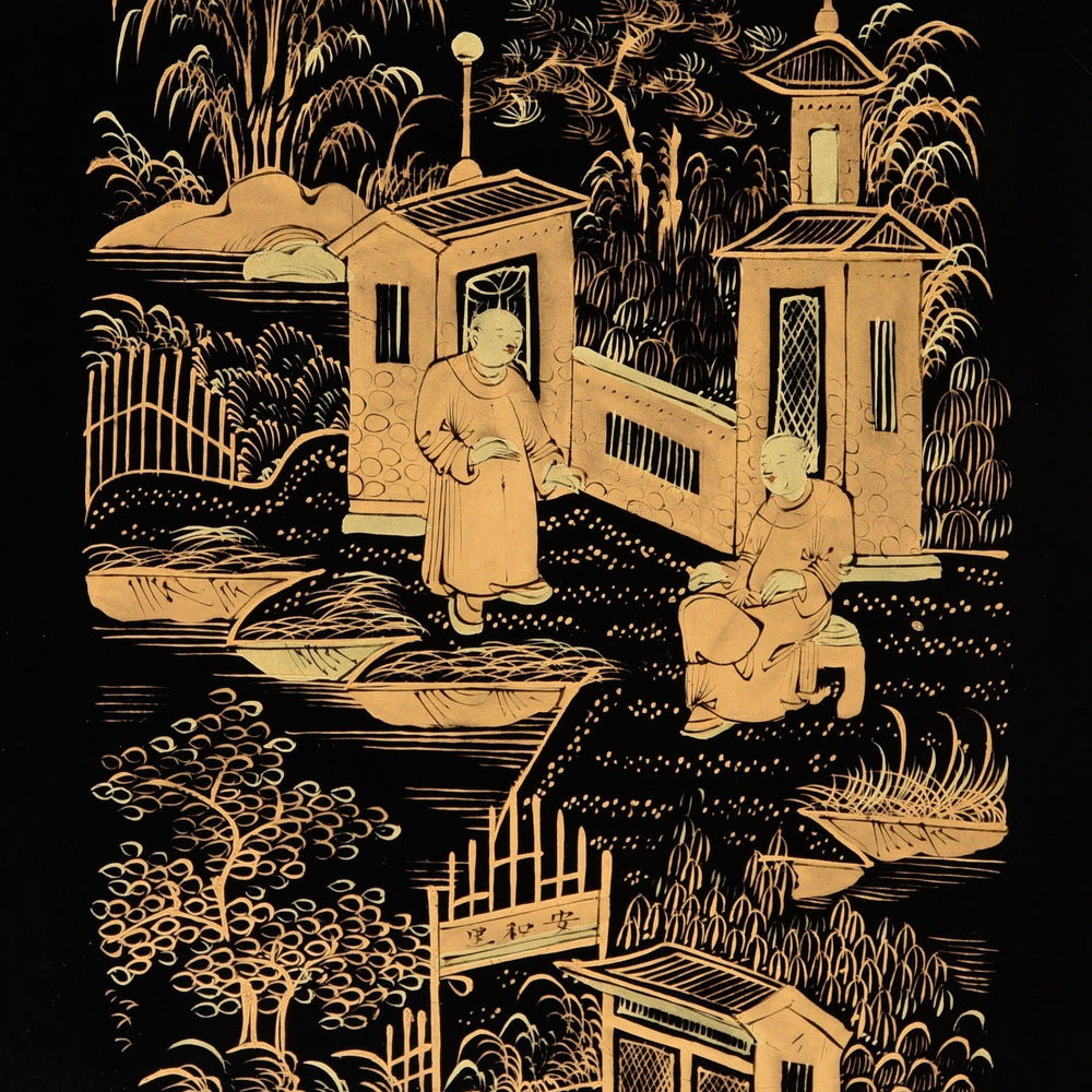 Detail Painting of a Chinese Export Gilt Black Lacquer Jewellery Table Cabinet - Early 19thC | Indigo Antiques