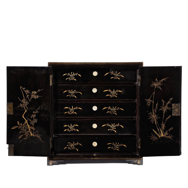 Gilt Chinese Black Lacquer Jewellery Cabinet - Early 19thC
