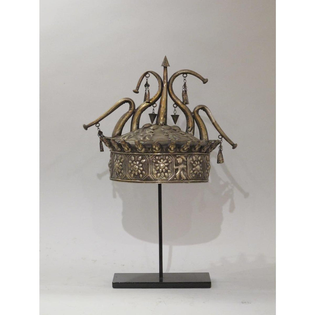 Miao Tribal Wedding Hat - White Metal on Black Iron Stand | Indigo Oriental Antiques