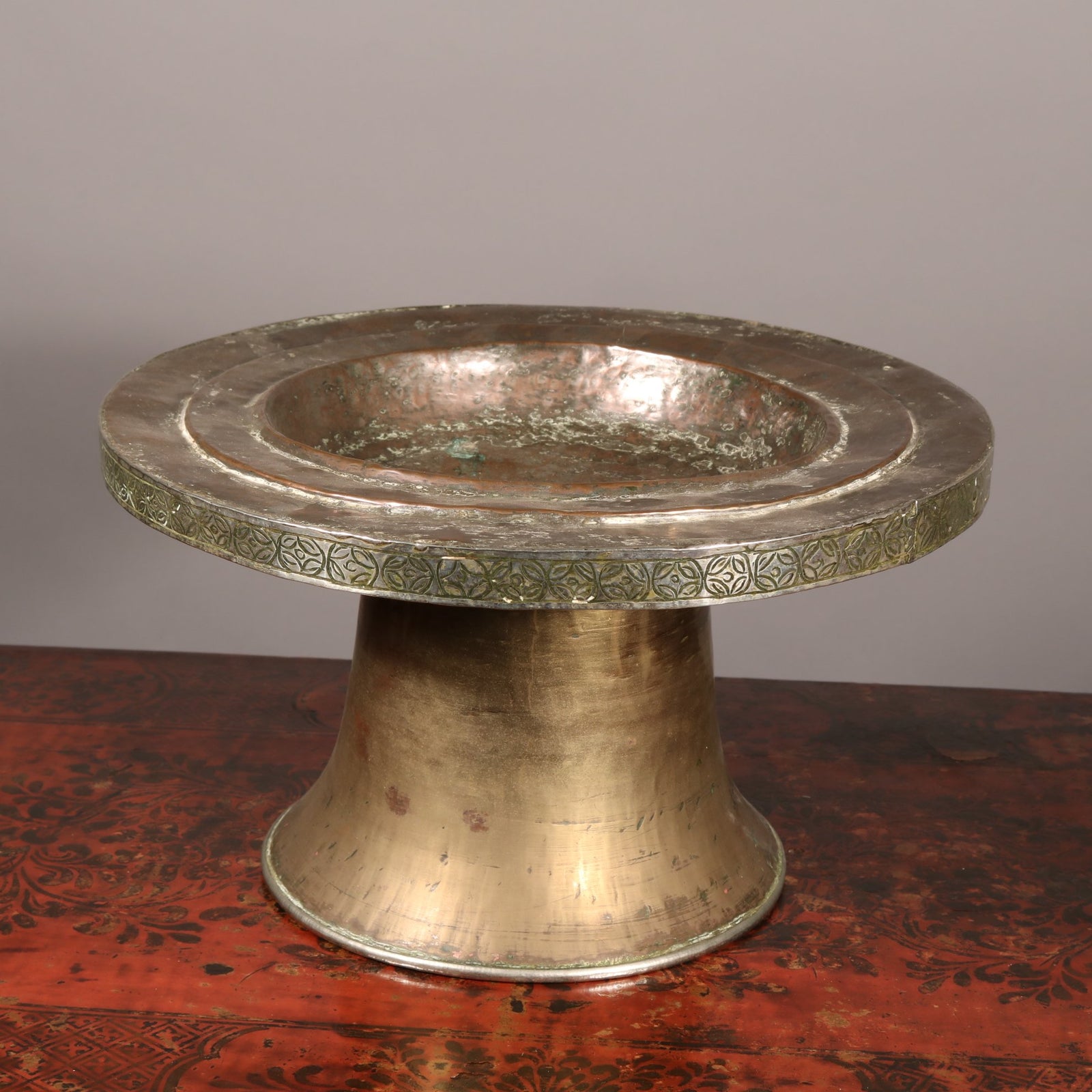 Tibetan Brass and Copper Tazza - Silver Plated Rim | Indigo Oriental Antiques