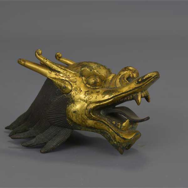 Tibetan Gilded Bronze Dragon's Head Finial - 19thC | Indigo Oriental Antiques