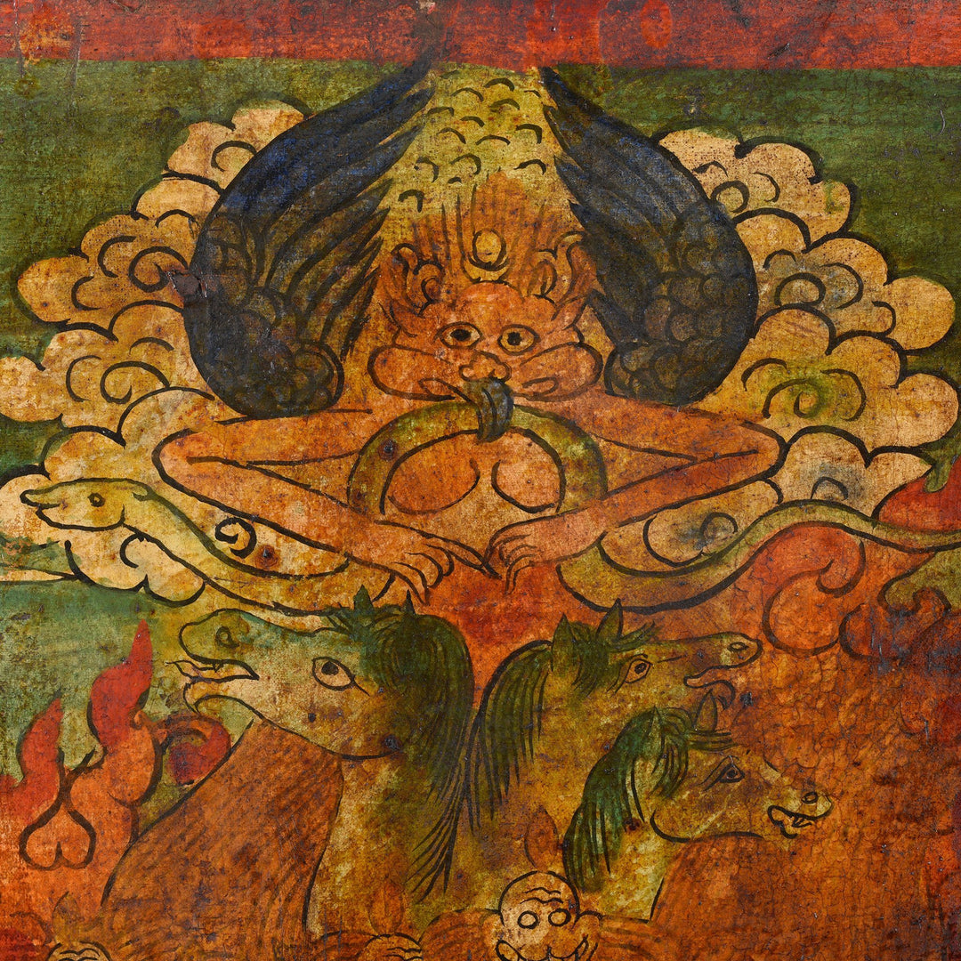Demon detail from a Tibetan Painted Panel of Hayagriva - Ca 50 Years Old | Indigo Antiques