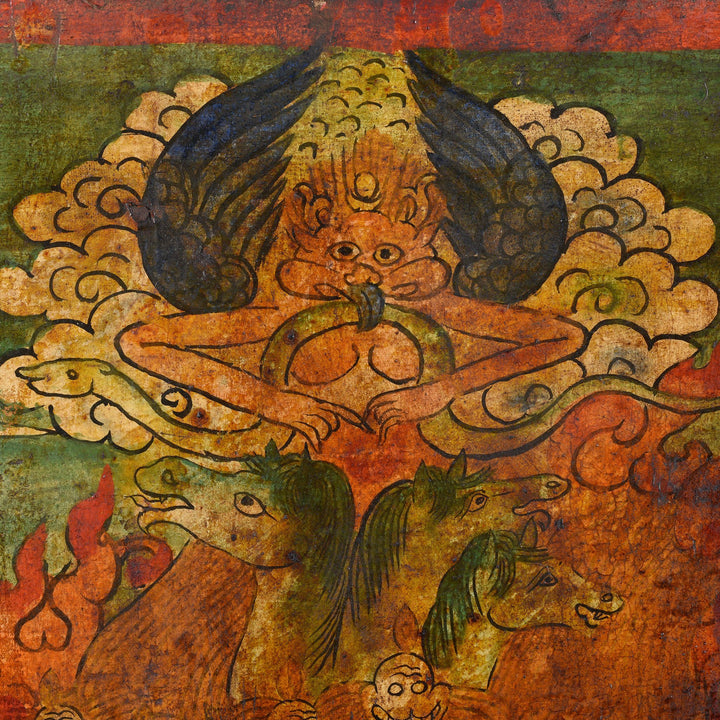 Demon detail from a Tibetan Painted Panel of Hayagriva - Ca 50 Years Old | Indigo Antiques