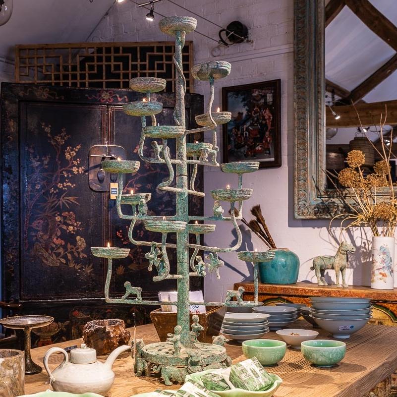 Verdigris Bronze Candelabra - Han Dynasty Style | Indigo Oriental Antiques