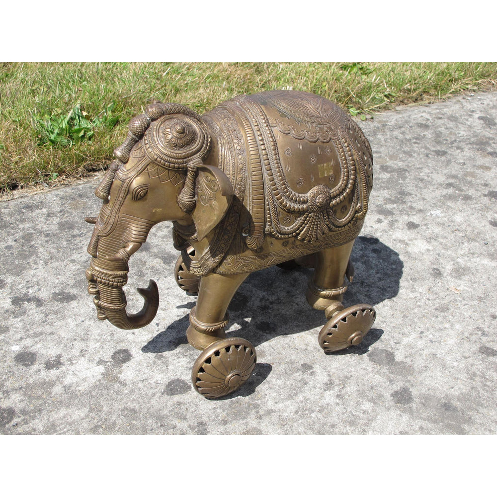 Brass Elephant Temple Toy On Wheels - ca 75 yrs old | Indigo Oriental Antiques