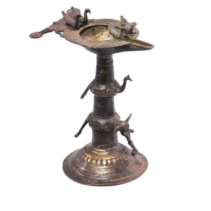 Antique Indian Brass Dhokra Work Oil Lamp With Elephant & Peacock From Chhattisgarh - Ca 1910 | Indigo Antiques