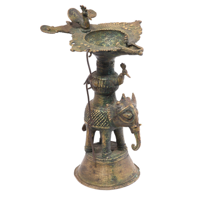 Antique Indian Brass Dhokra Work Oil Lamp With Peacock Riding an Elephant From Chhattisgarh - Ca 1910 | Indigo Antiques | Indigo Antiques