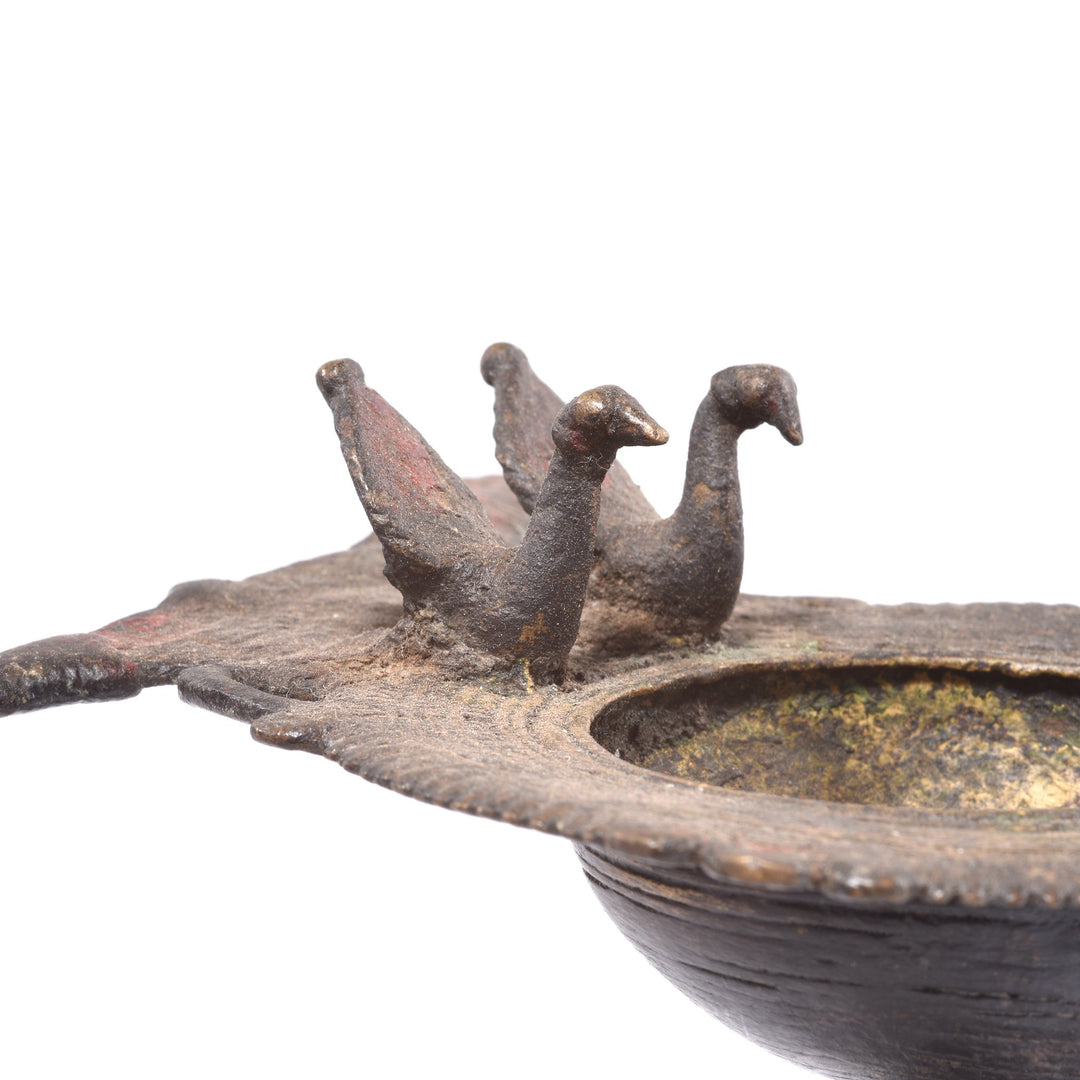 Peacock Detail of an Antique Indian Brass Dhokra Work Oil Lamp With Elephant & Peacock From Chhattisgarh - Ca 1910 | Indigo Antiques