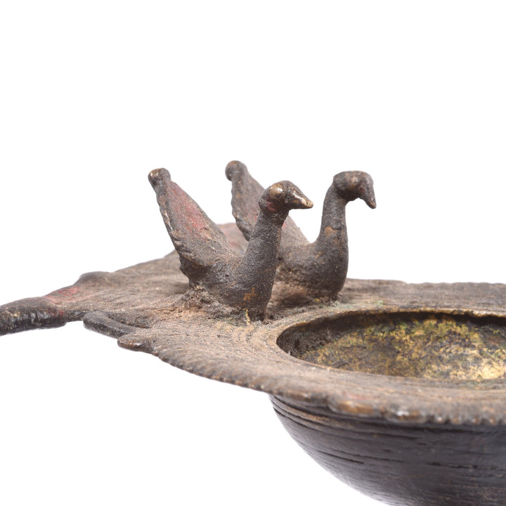 Peacock Detail of an Antique Indian Brass Dhokra Work Oil Lamp With Elephant & Peacock From Chhattisgarh - Ca 1910 | Indigo Antiques