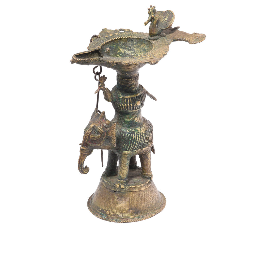 Antique Indian Brass Dhokra Work Oil Lamp With Peacock Riding an Elephant From Chhattisgarh - Ca 1910 | Indigo Antiques | Indigo Antiques
