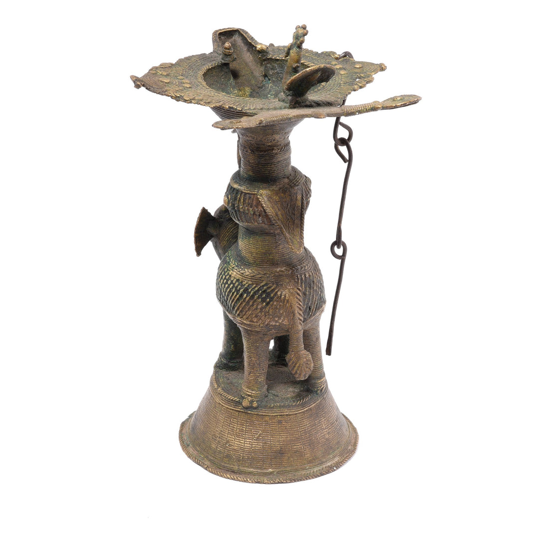 Antique Indian Brass Dhokra Work Oil Lamp With Peacock Riding an Elephant From Chhattisgarh - Ca 1910 | Indigo Antiques | Indigo Antiques