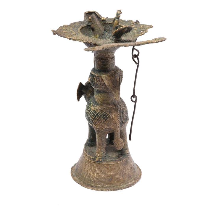 Antique Indian Brass Dhokra Work Oil Lamp With Peacock Riding an Elephant From Chhattisgarh - Ca 1910 | Indigo Antiques | Indigo Antiques