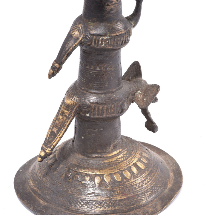 Antique Indian Brass Dhokra Work Oil Lamp With Elephant & Peacock From Chhattisgarh - Ca 1910 | Indigo Antiques